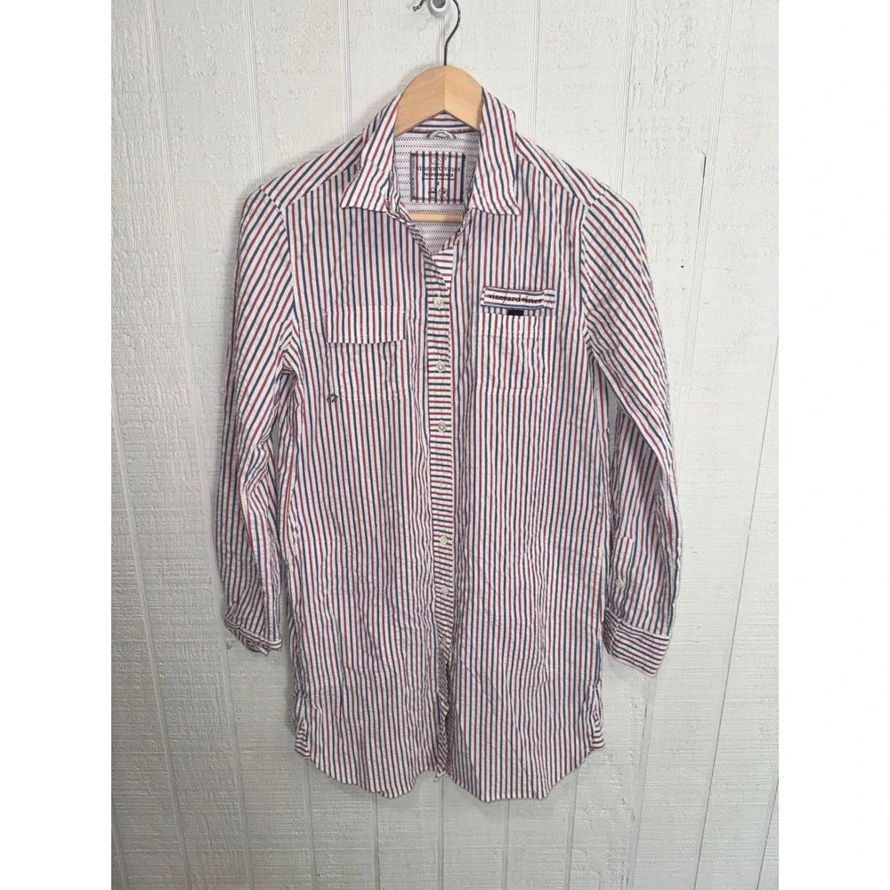 Vineyard Vines Performance Shirt Dress Women 4 Red White Blue Striped Seersucker